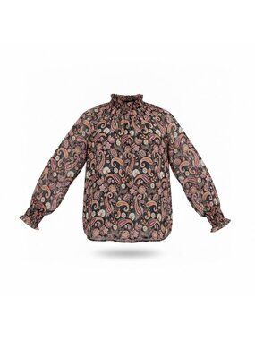 Loft Womens Black & Pink Paisley Print Long Sleeve Smocked Top Size XL